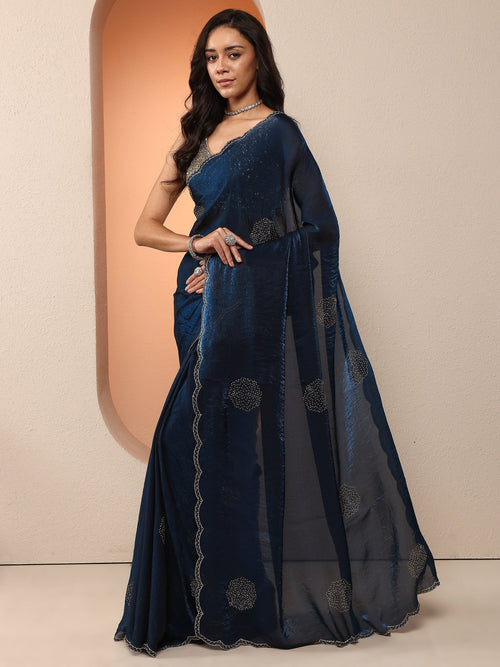 Blue Embellished Organza Saree With Unstitched Blouse Piece