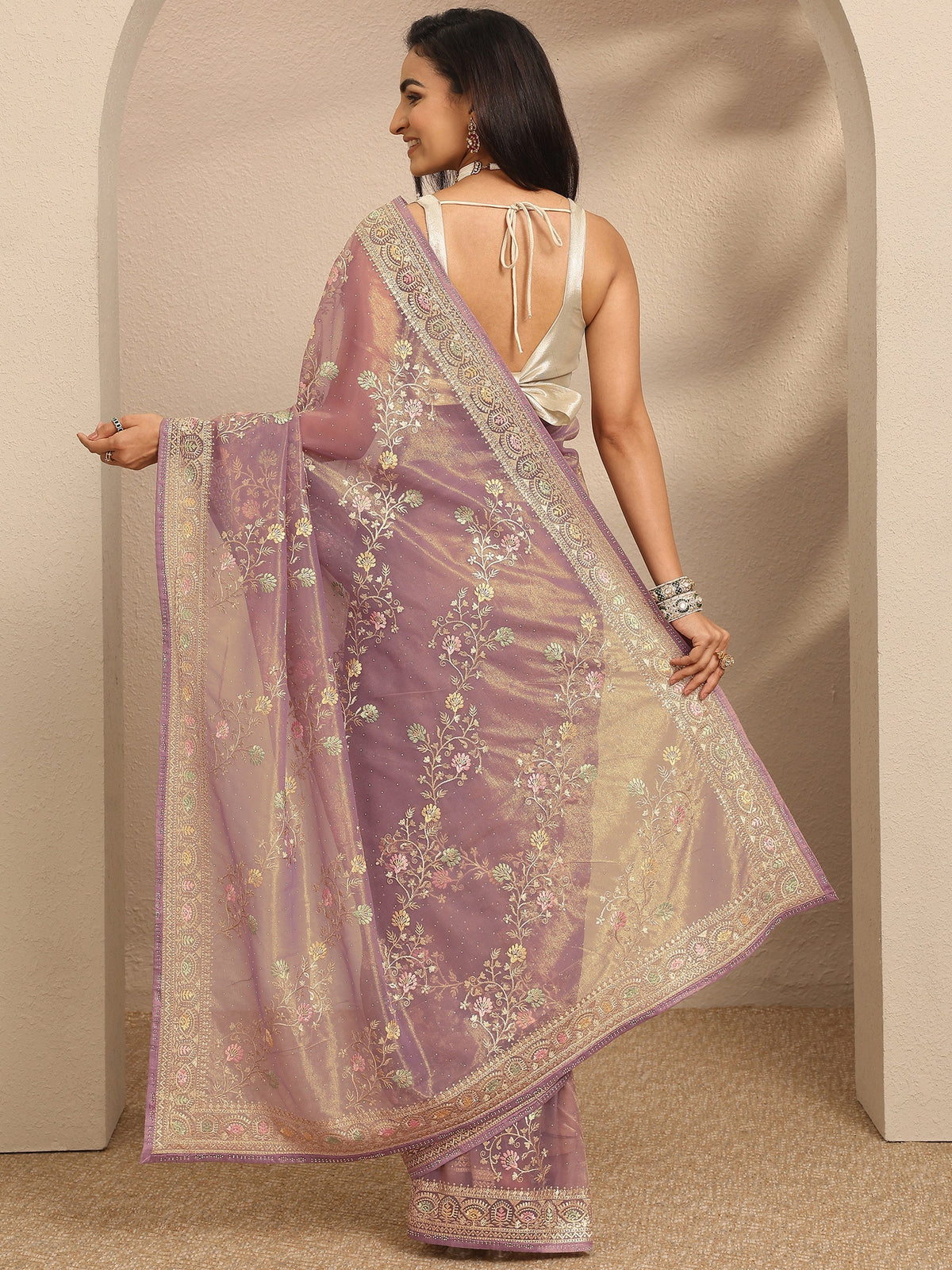 Lavender Embroidered Nylon Saree With Unstitched Blouse Piece