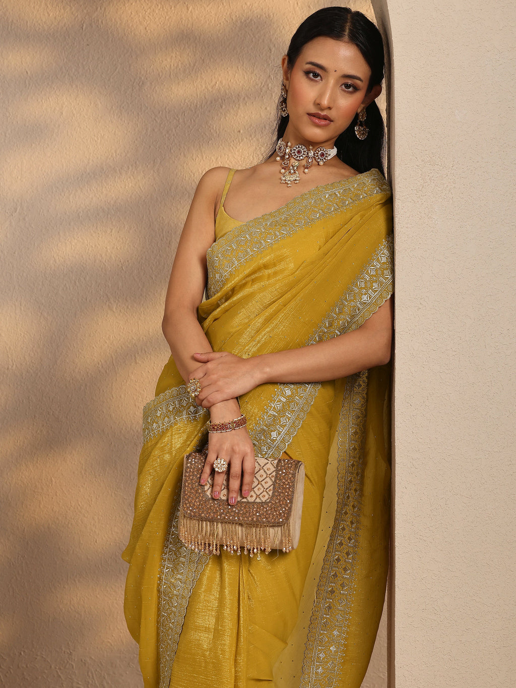 Yellow Embellished Silk Blend Saree With Unstitched Blouse Piece