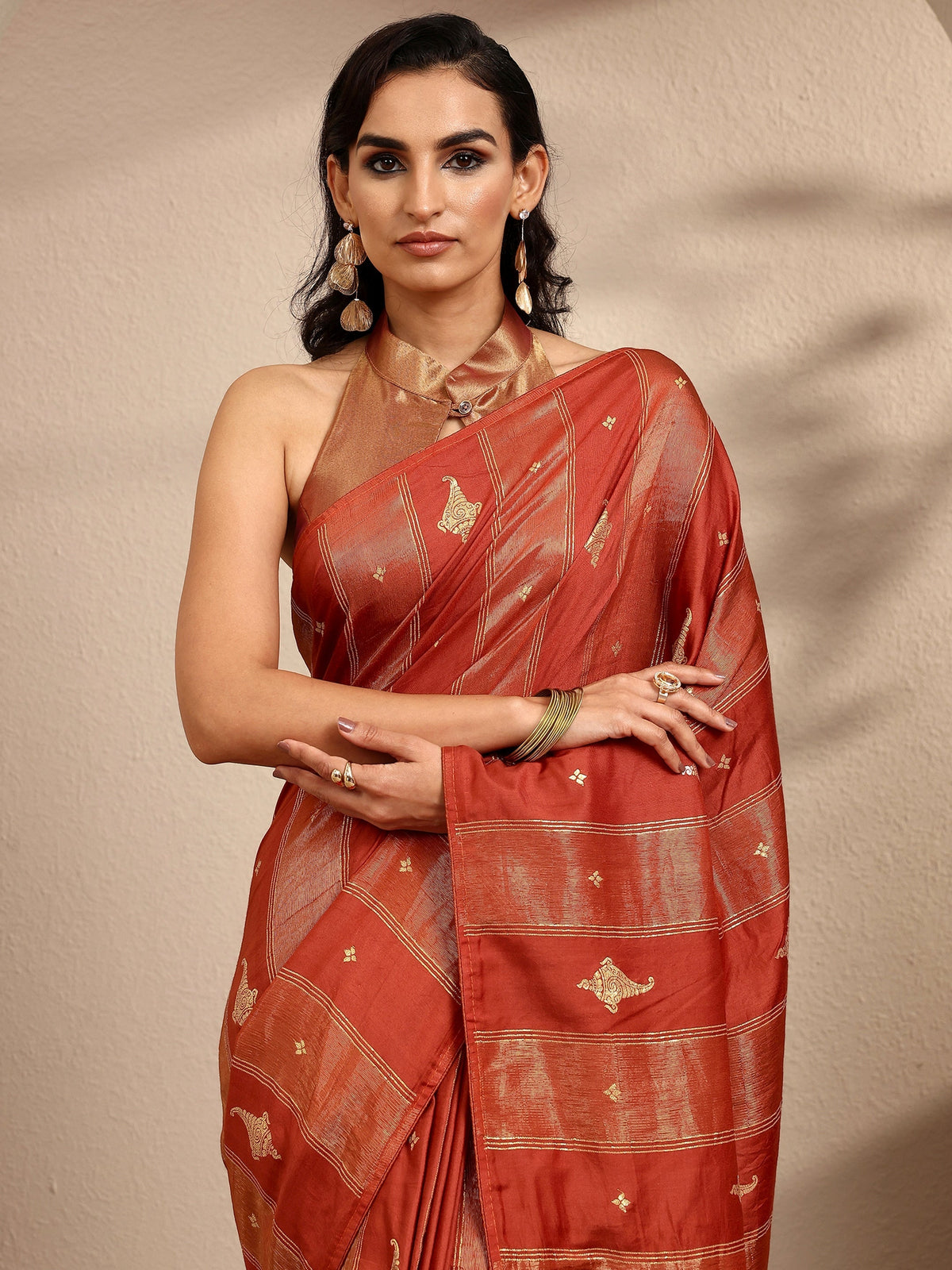 Rust Woven Design Banarsi Silk Blend Saree With Unstitched Blouse Piece
