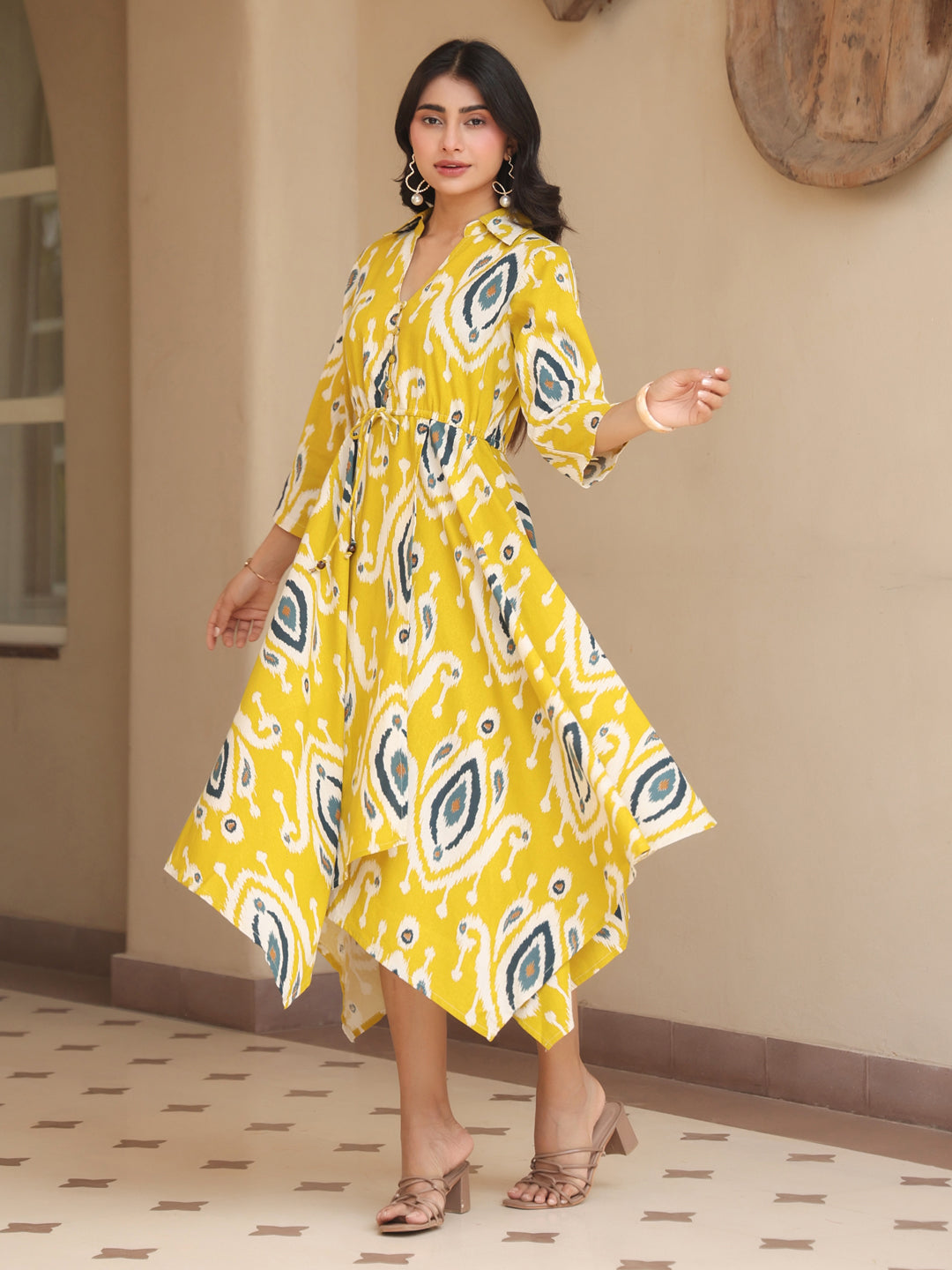 Womens Printed Shirt Collar Fit & Flare Ethnic Dresses