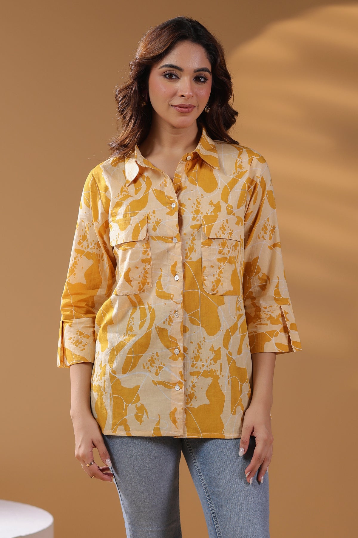 Women Pure Cotton Abstract Printed Shirt Collar Shirt Style Top