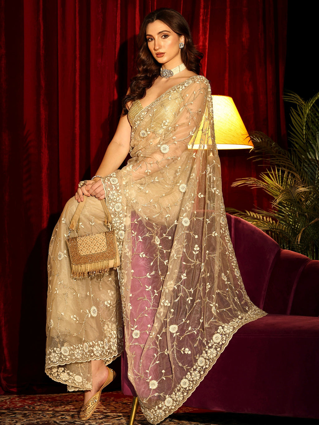 Beige Floral Embroidered Net Saree