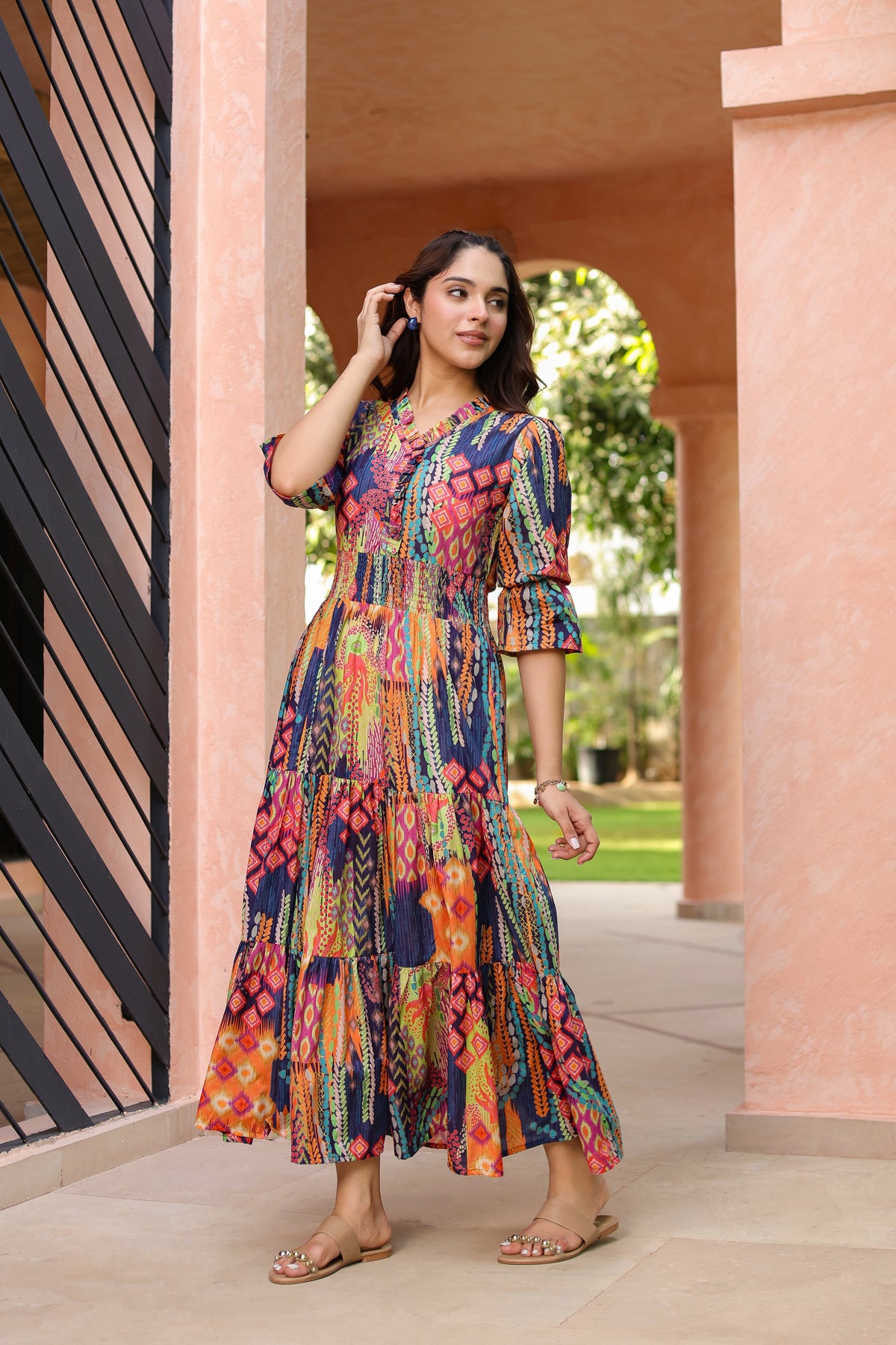 Women Ethnic Printed V Neck Ruffle Detail Dress