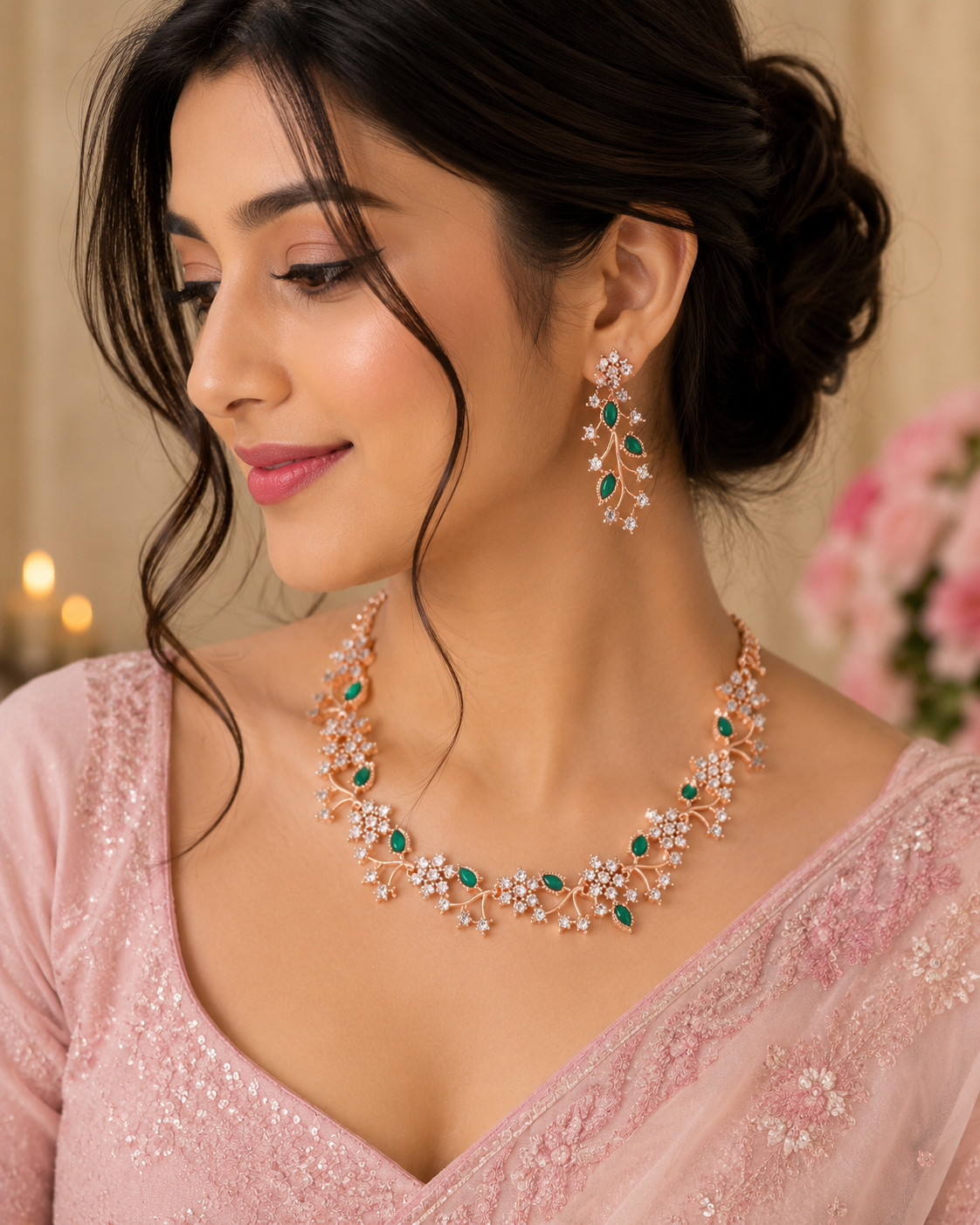 Jewellery Rose Gold-Plated Artificial Stone Studded Necklace Jewellery set with 1 Pair of Earring