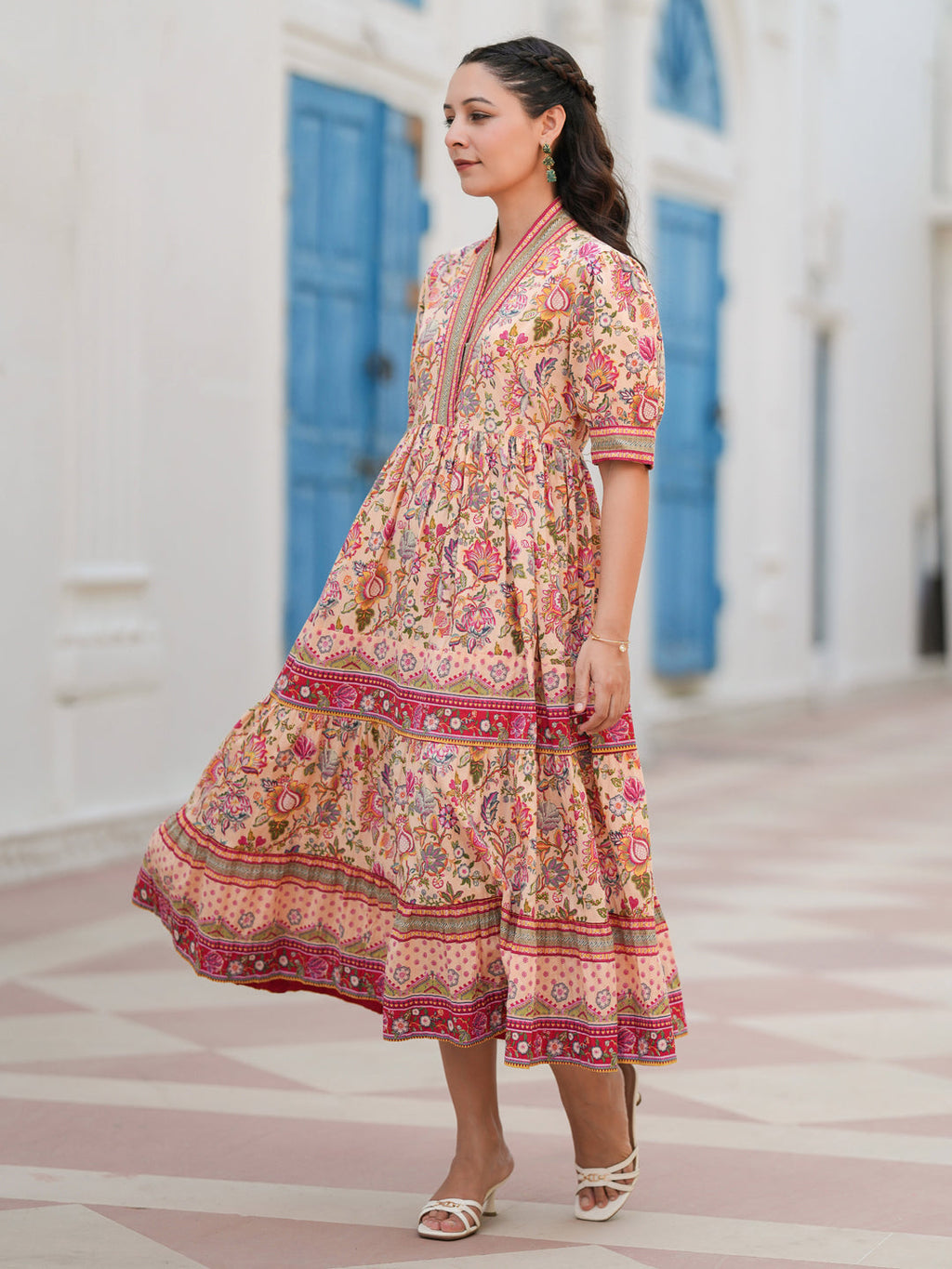 Women Floral Print Puff Sleeve Fit & Flare Cotton Midi Dress