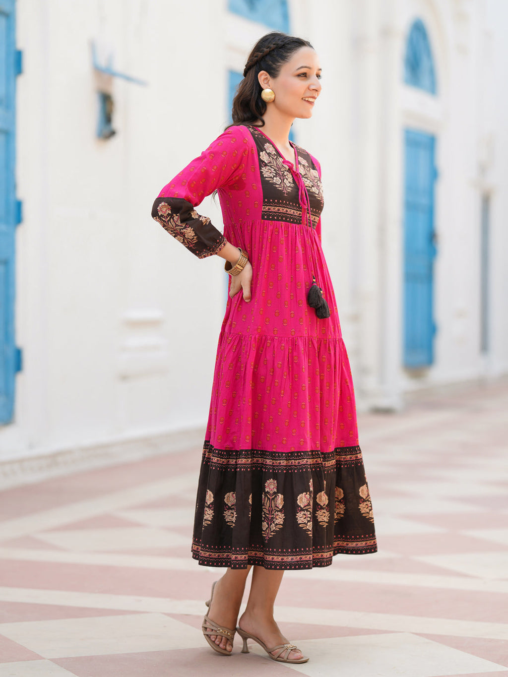 Ethnic Motifs Printed Cotton Fit & Flare Midi Dress