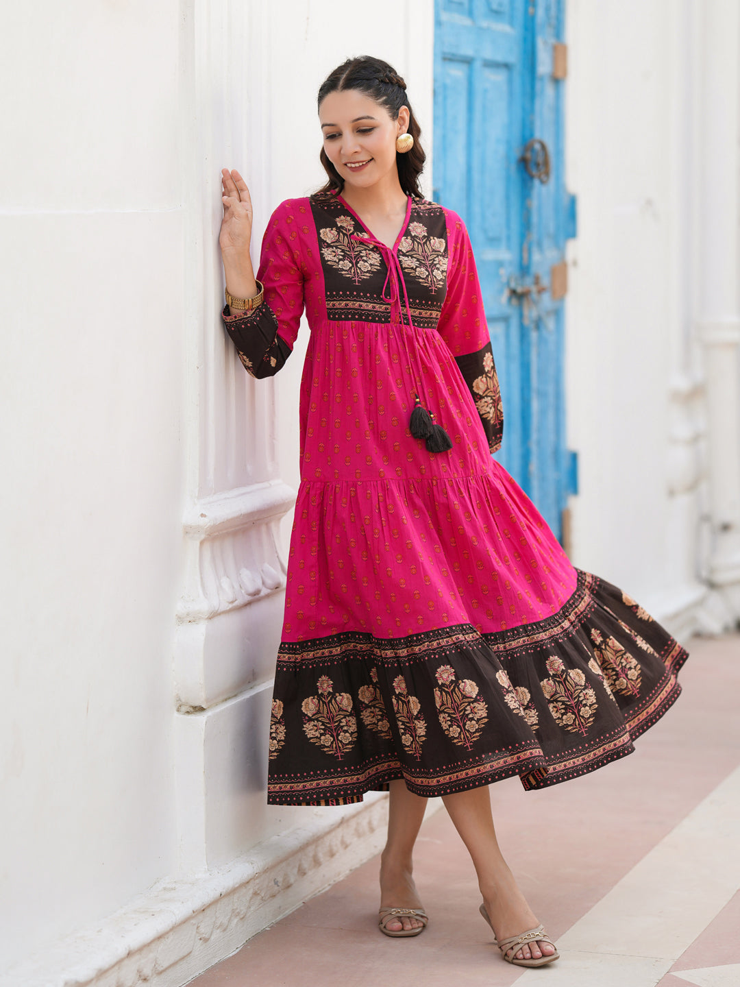 Ethnic Motifs Printed Cotton Fit & Flare Midi Dress