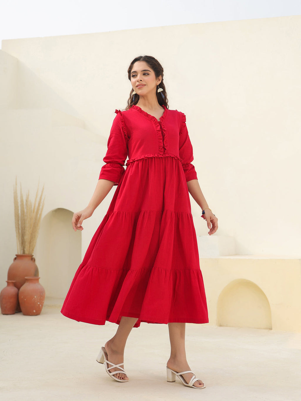 Women Puff Sleeves Ruffled Cotton A-Line Midi Dress