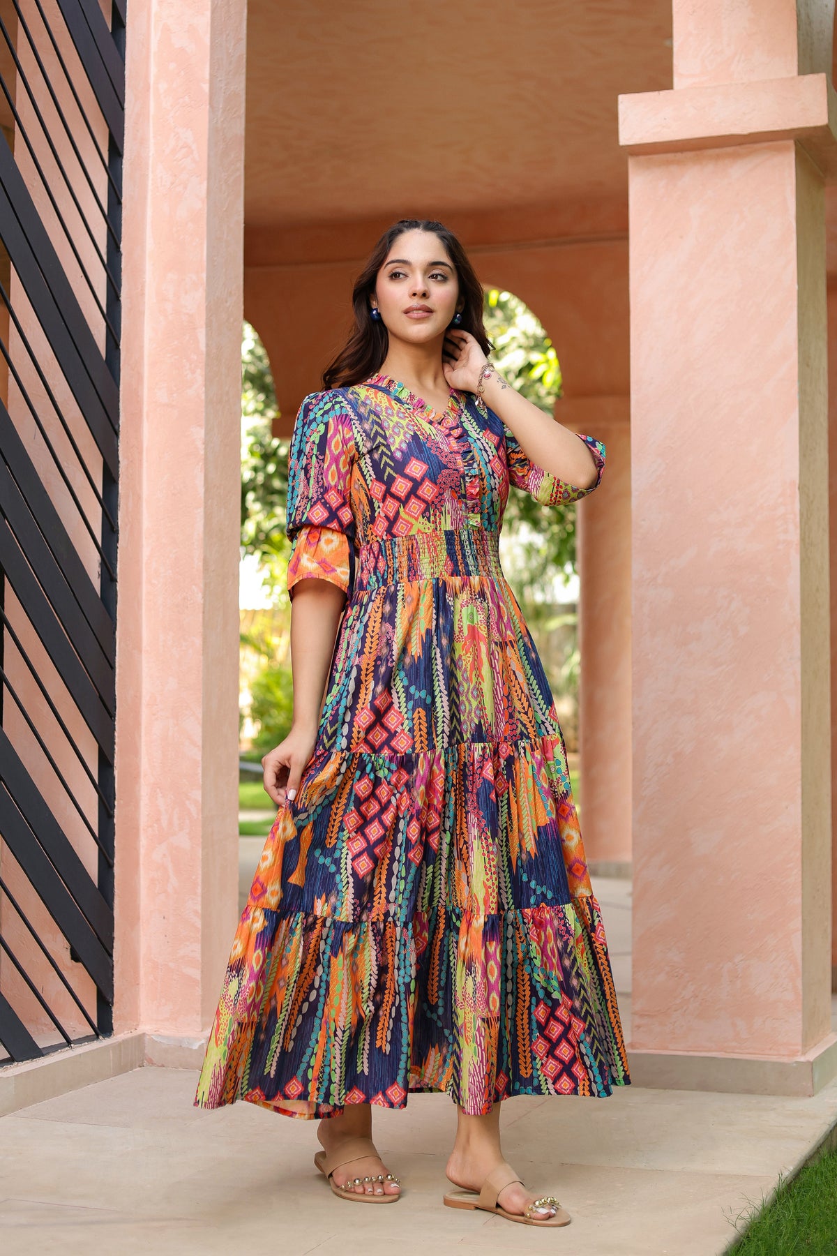 Women Ethnic Printed V Neck Ruffle Detail Dress