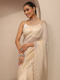 Cream Embellished Silk Blend Saree With Unstitched Blouse Piece