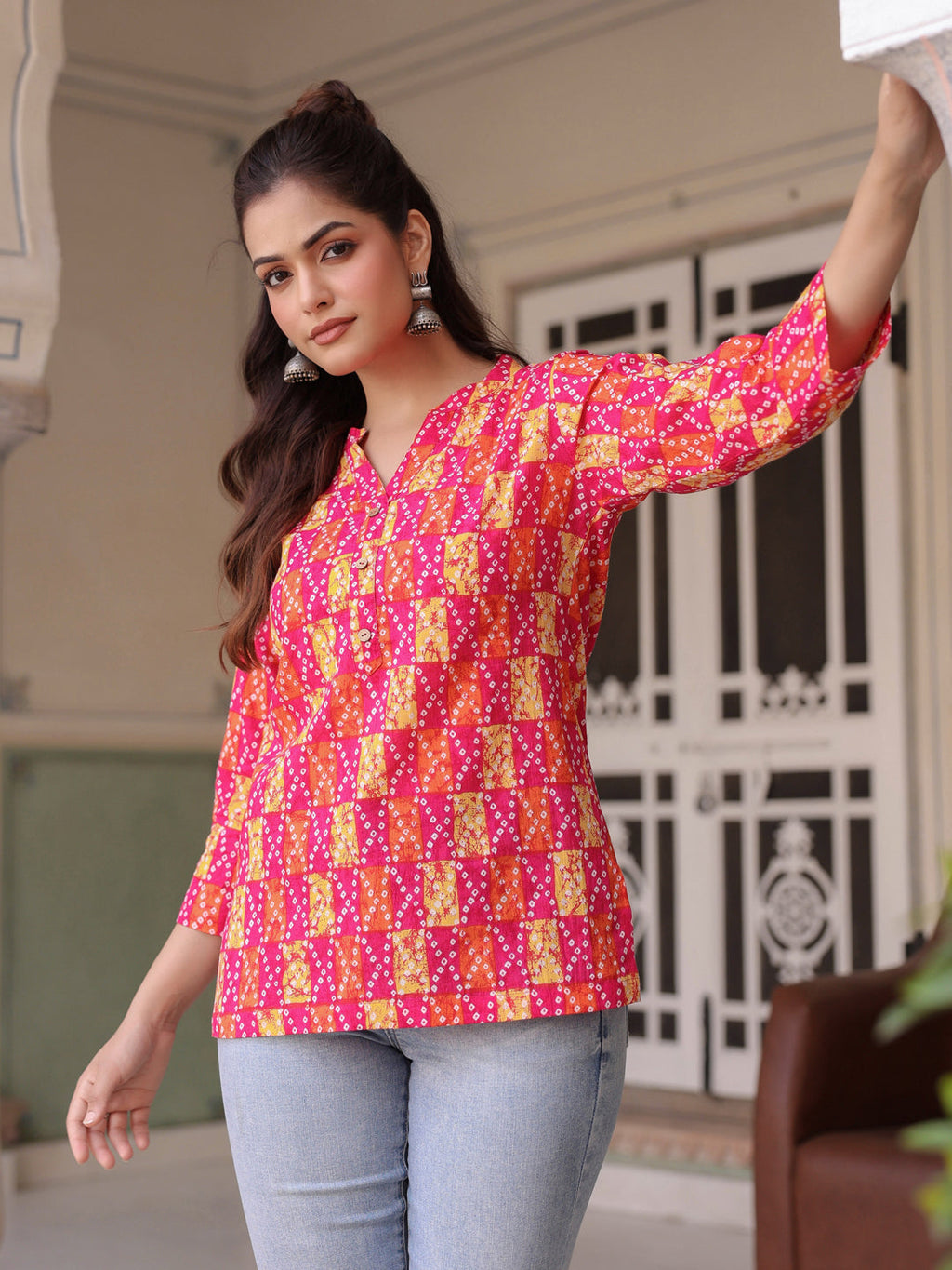 Women Printed Mandarin Collar Cotton Top