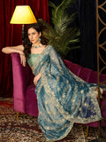 Dusty Blue Floral Embroidered Net Saree
