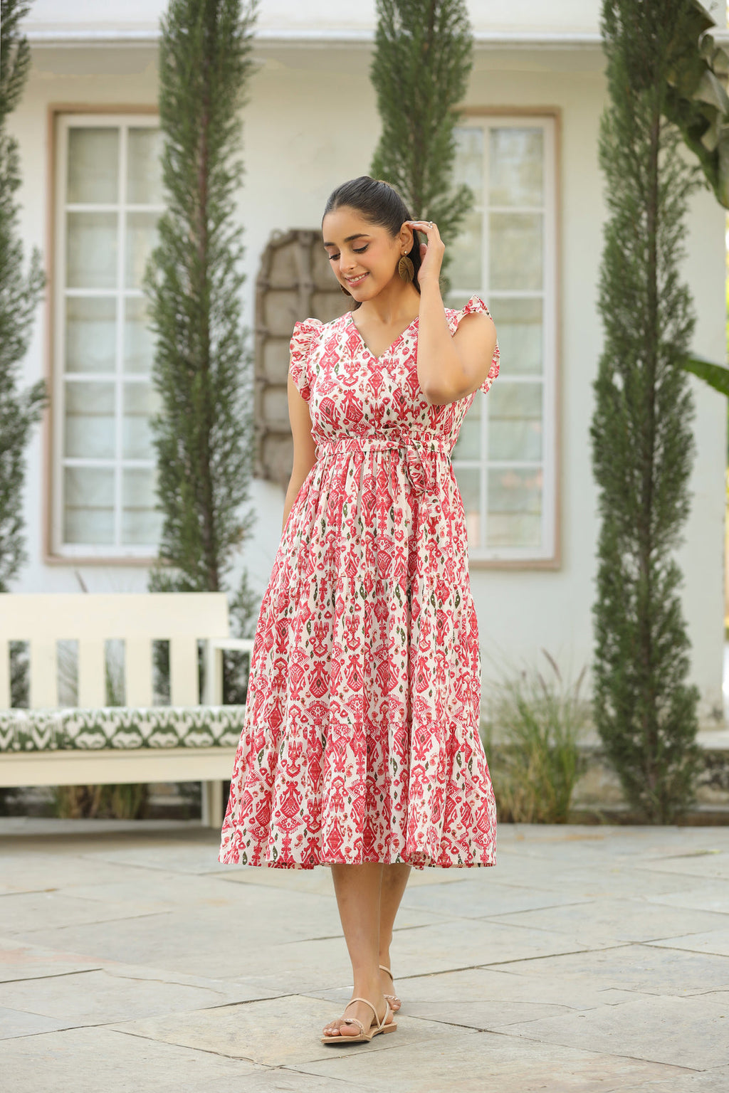 Printed V-Neck Fit and Flare Ethnic Dresses