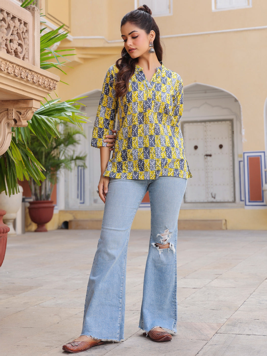 Print Mandarin Collar Cotton Top