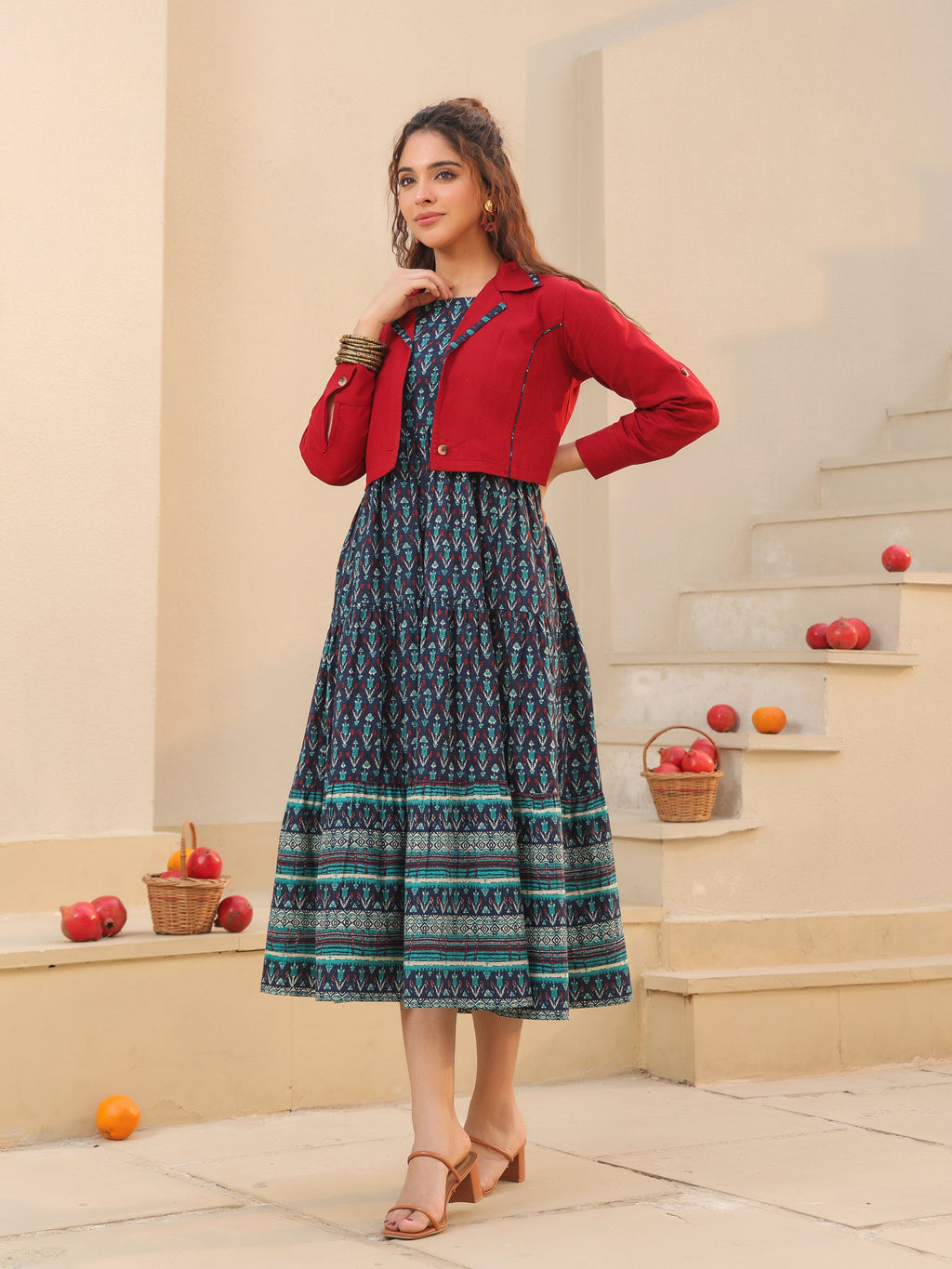 Women Ethnic Motifs Printed Fit & Flare Dress With Jacket