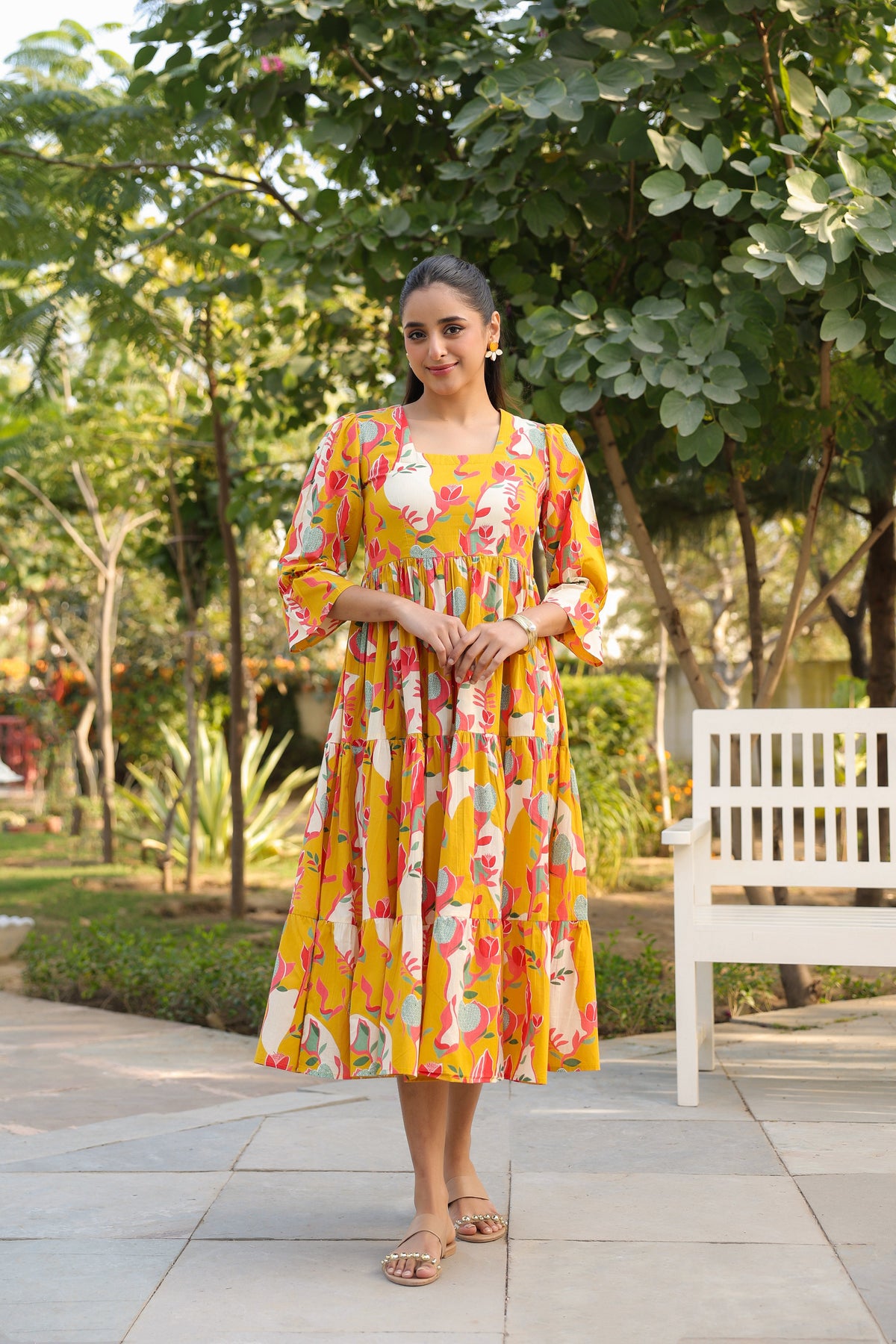 Printed Square Neck Fit and Flare Ethnic Dresses