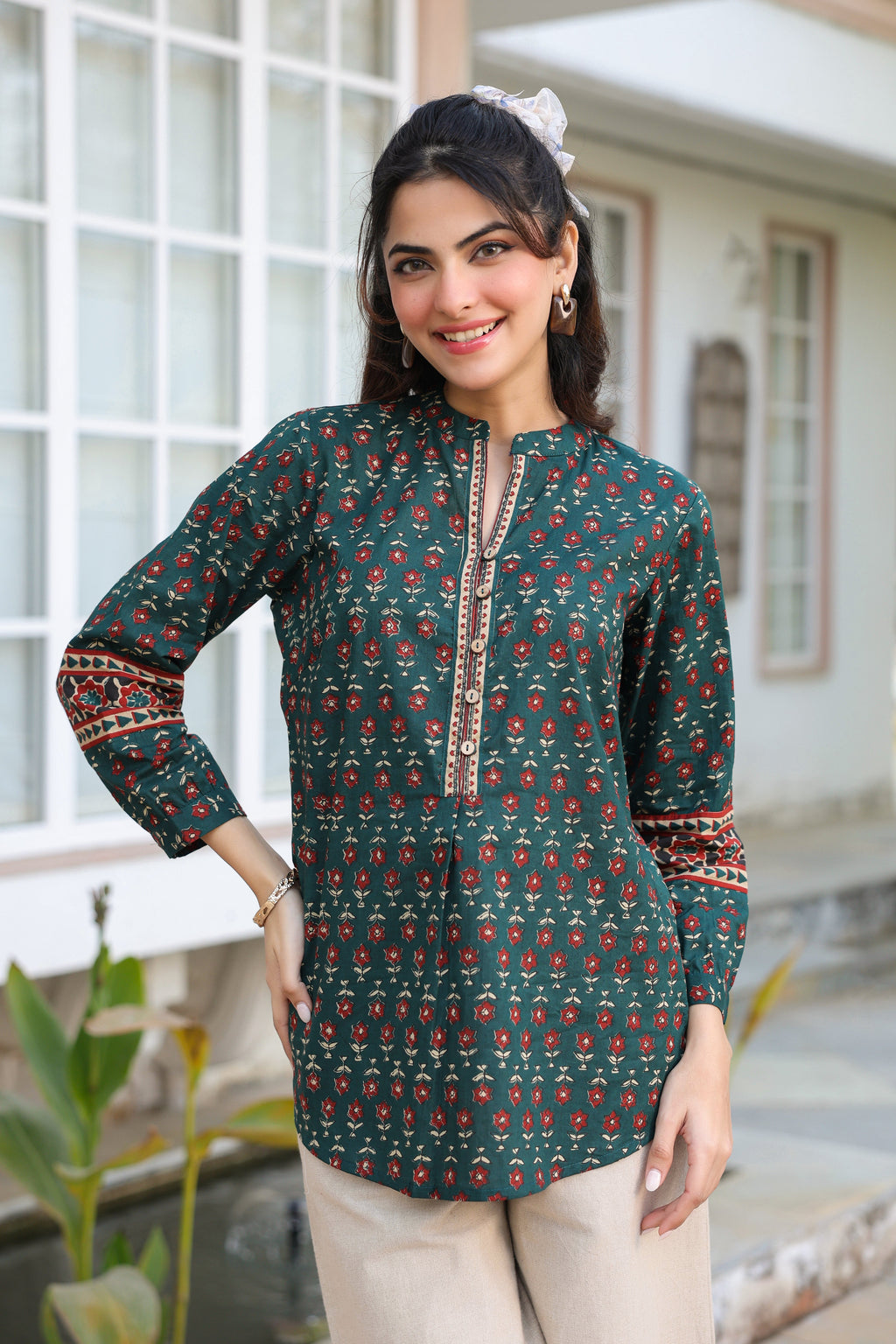 Print Mandarin Collar Cotton Top