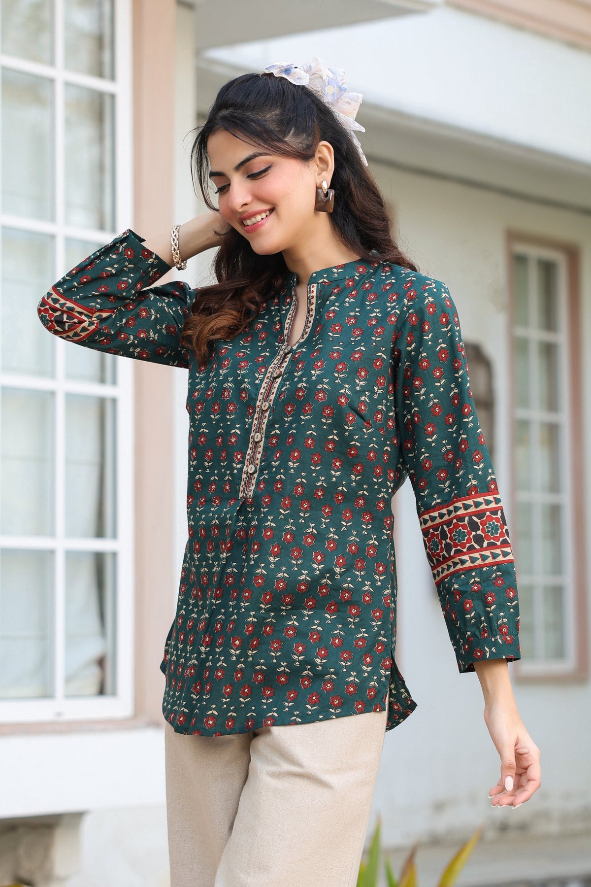 Print Mandarin Collar Cotton Top