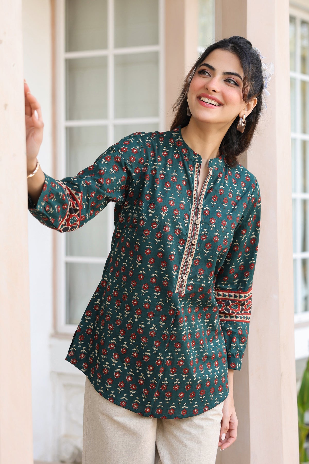 Print Mandarin Collar Cotton Top