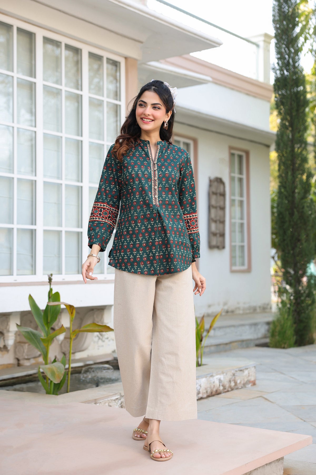 Print Mandarin Collar Cotton Top
