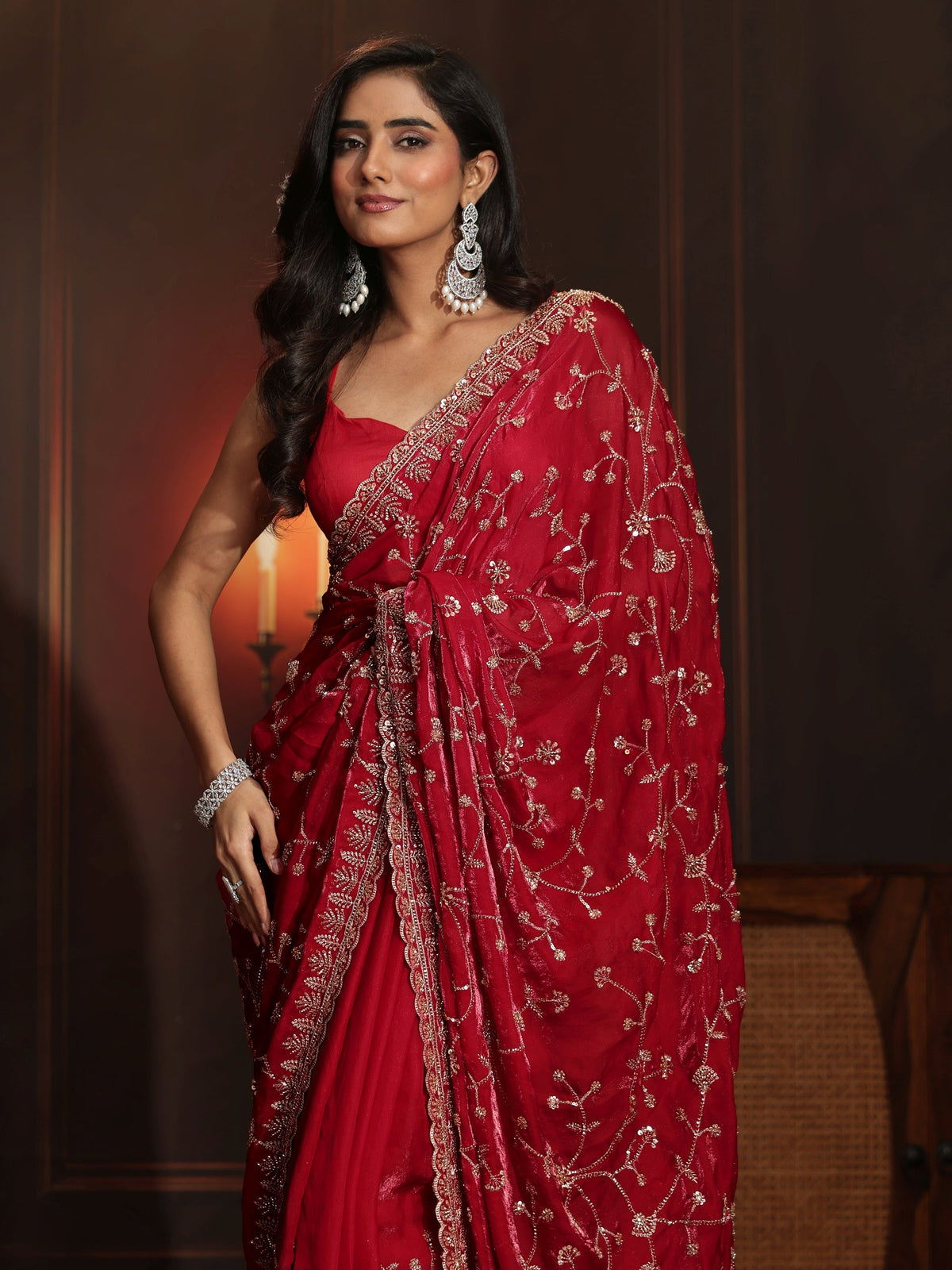Art Crimson Red Floral Embellished Tissue Saree