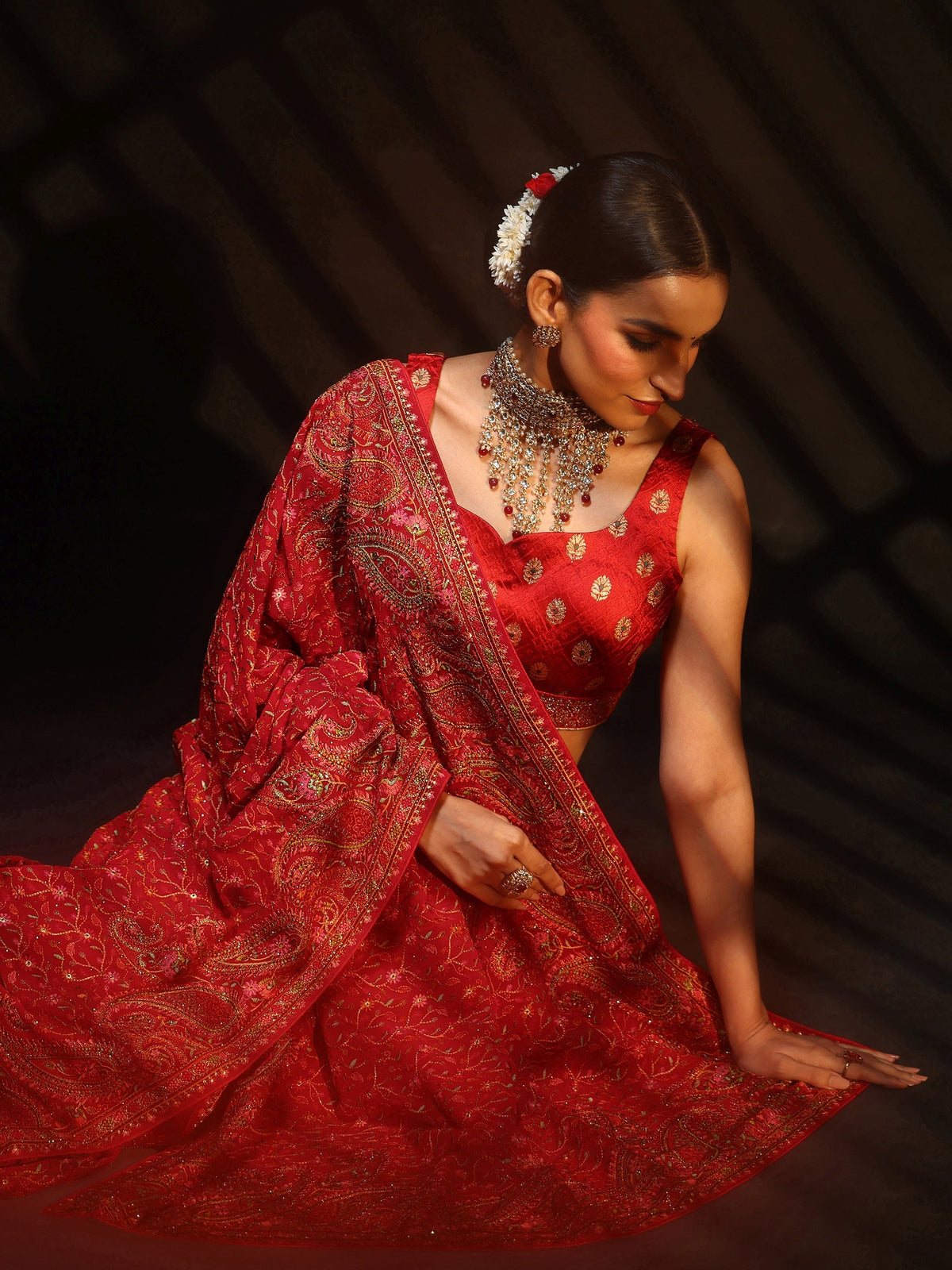 Art Crimson Red Paisley Embroidered Georgette Saree