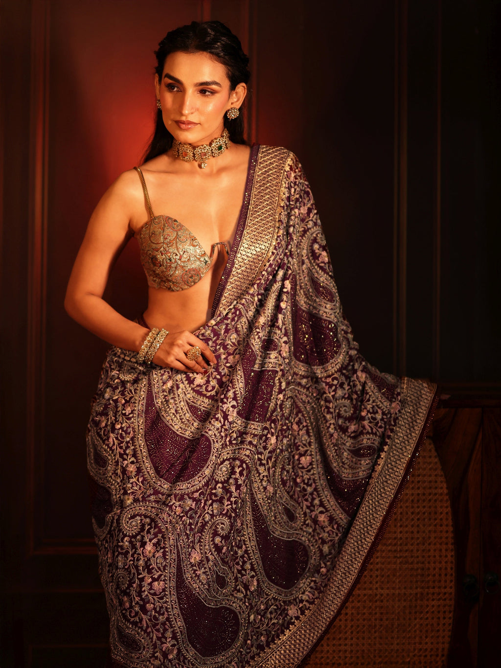 Art Dusty Maroon Paisley Embroidered Georgette Saree