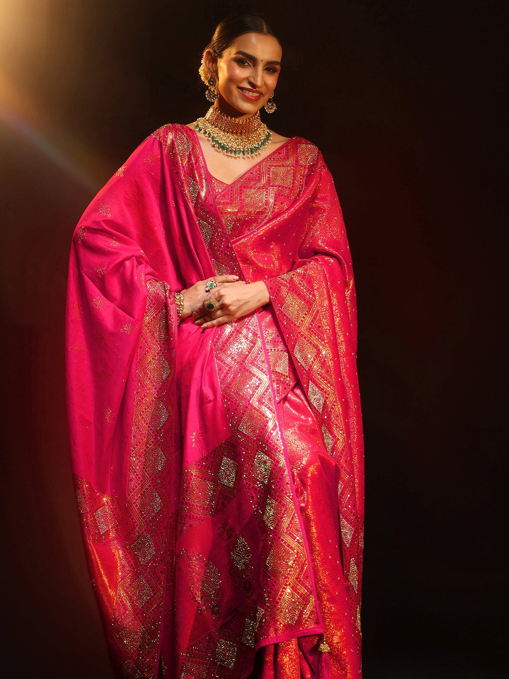 Art Hot Pink Embellished Banarasi Silk Blend Saree with Dupatta