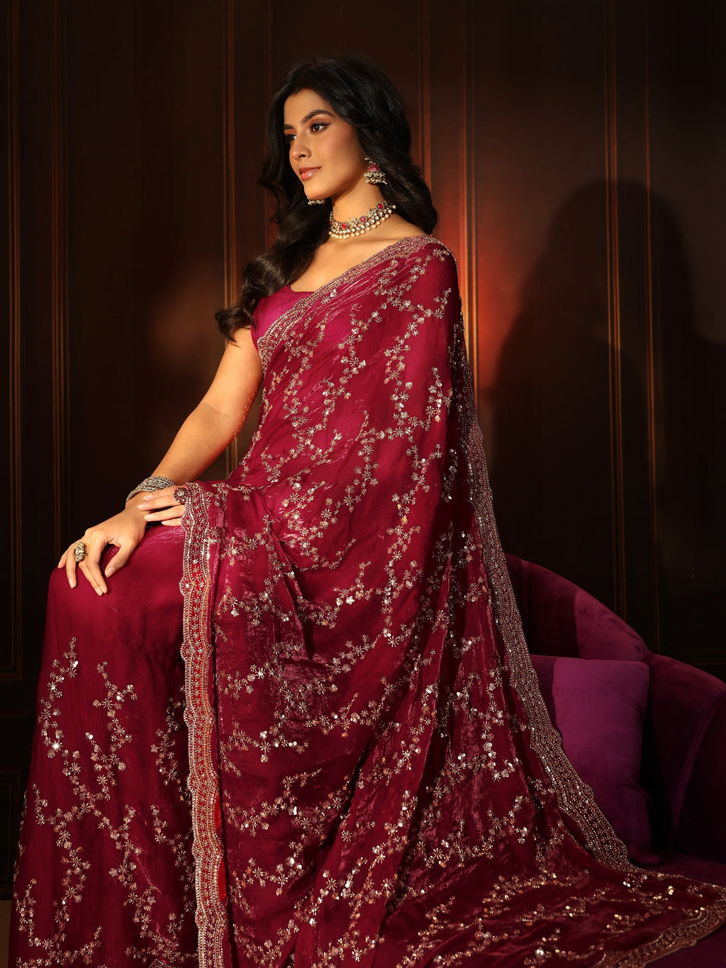 Art Magenta Pink Embellished Tissue Saree