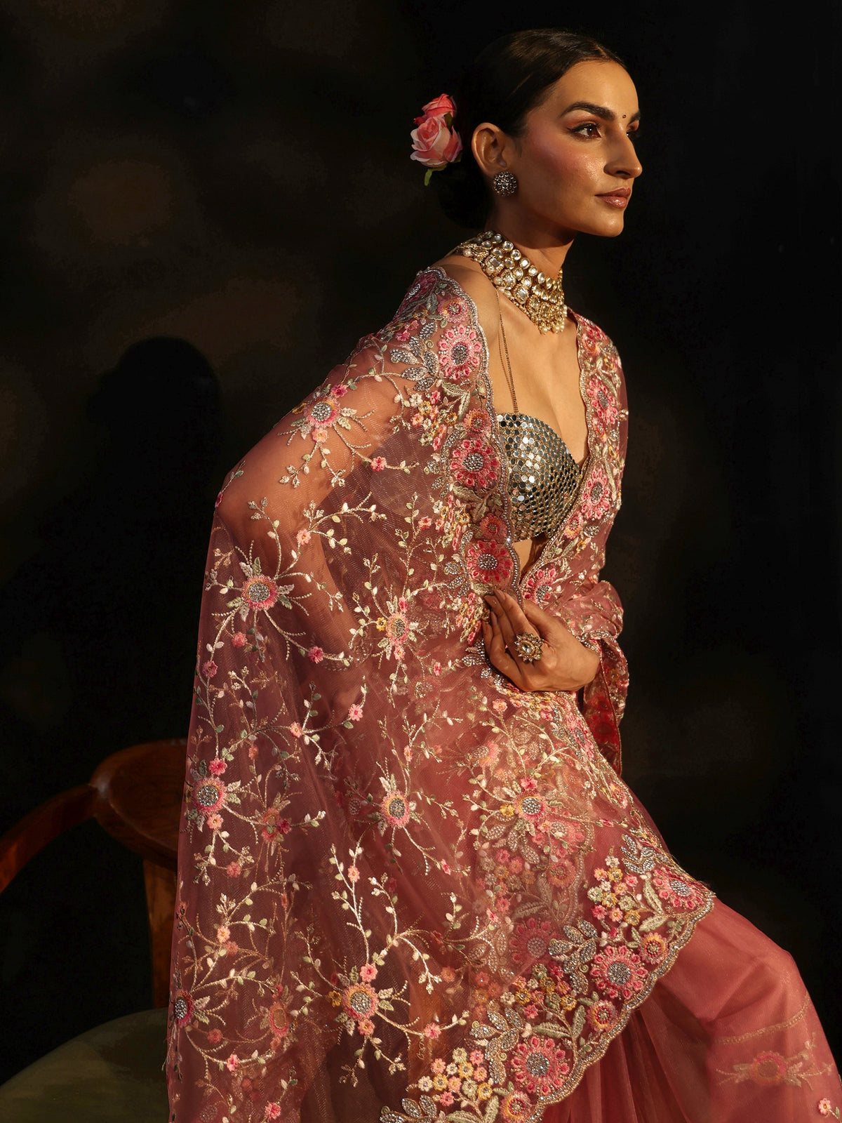 Art Peach Pink Floral Embellished Net Saree