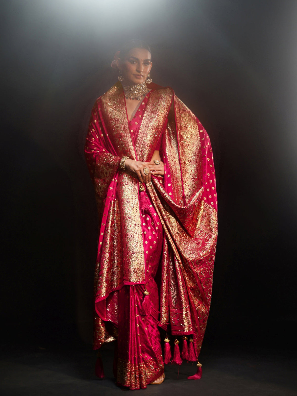 Art Rose Pink Embellished Banarasi Silk Blend Saree with Dupatta