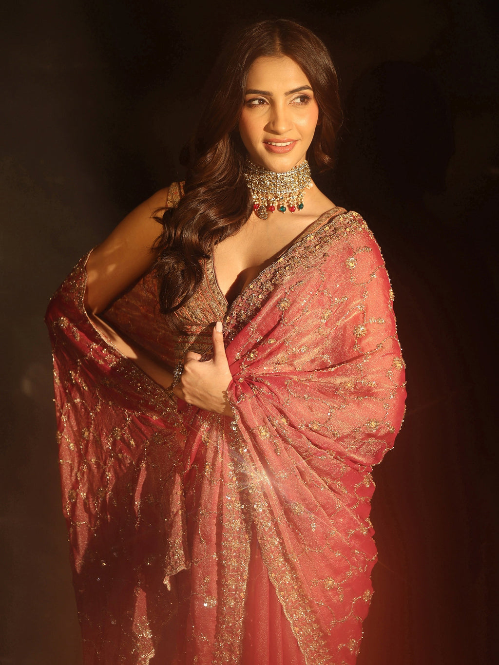 Art Rose Pink Sequins Embellished Tissue Saree