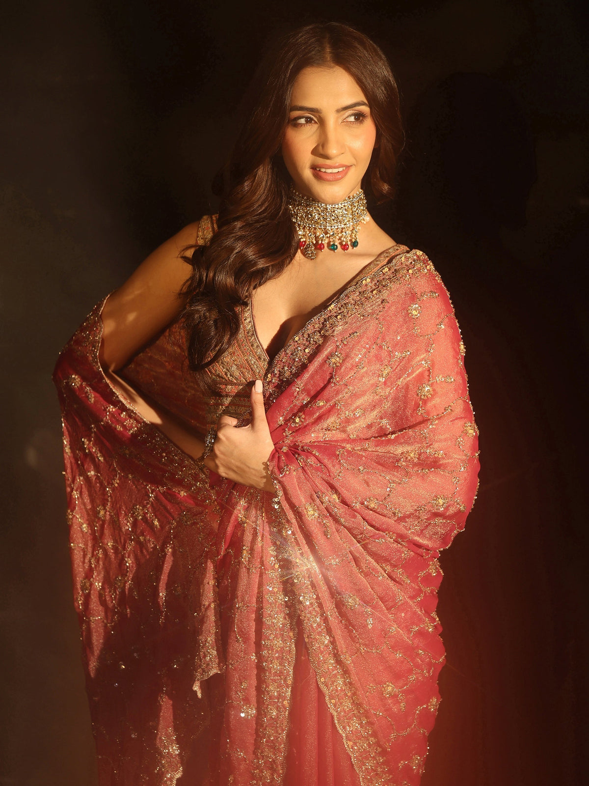 Art Rose Pink Sequins Embellished Tissue Saree