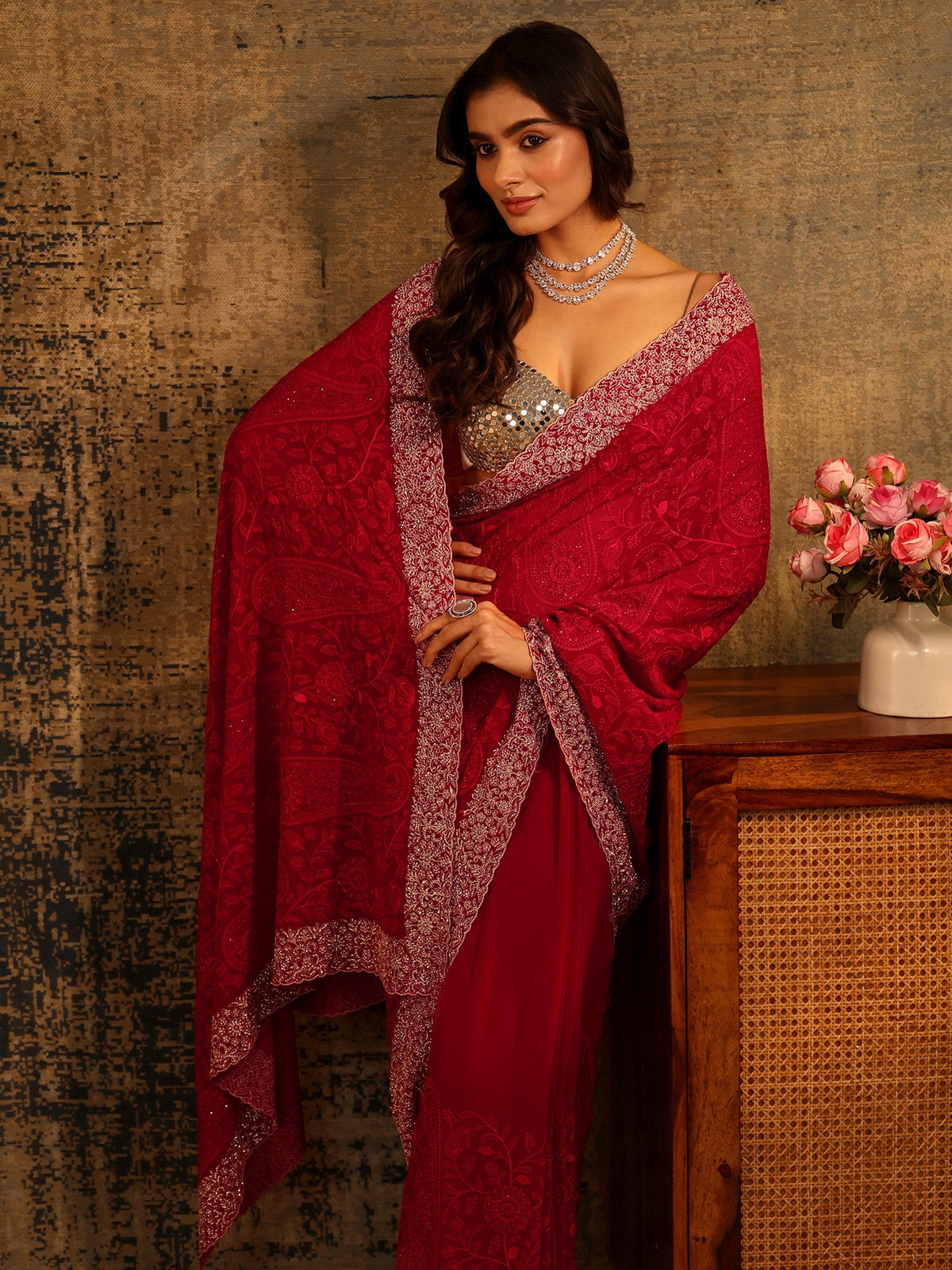Art Ruby Red Paisley Embroidered Georgette Saree