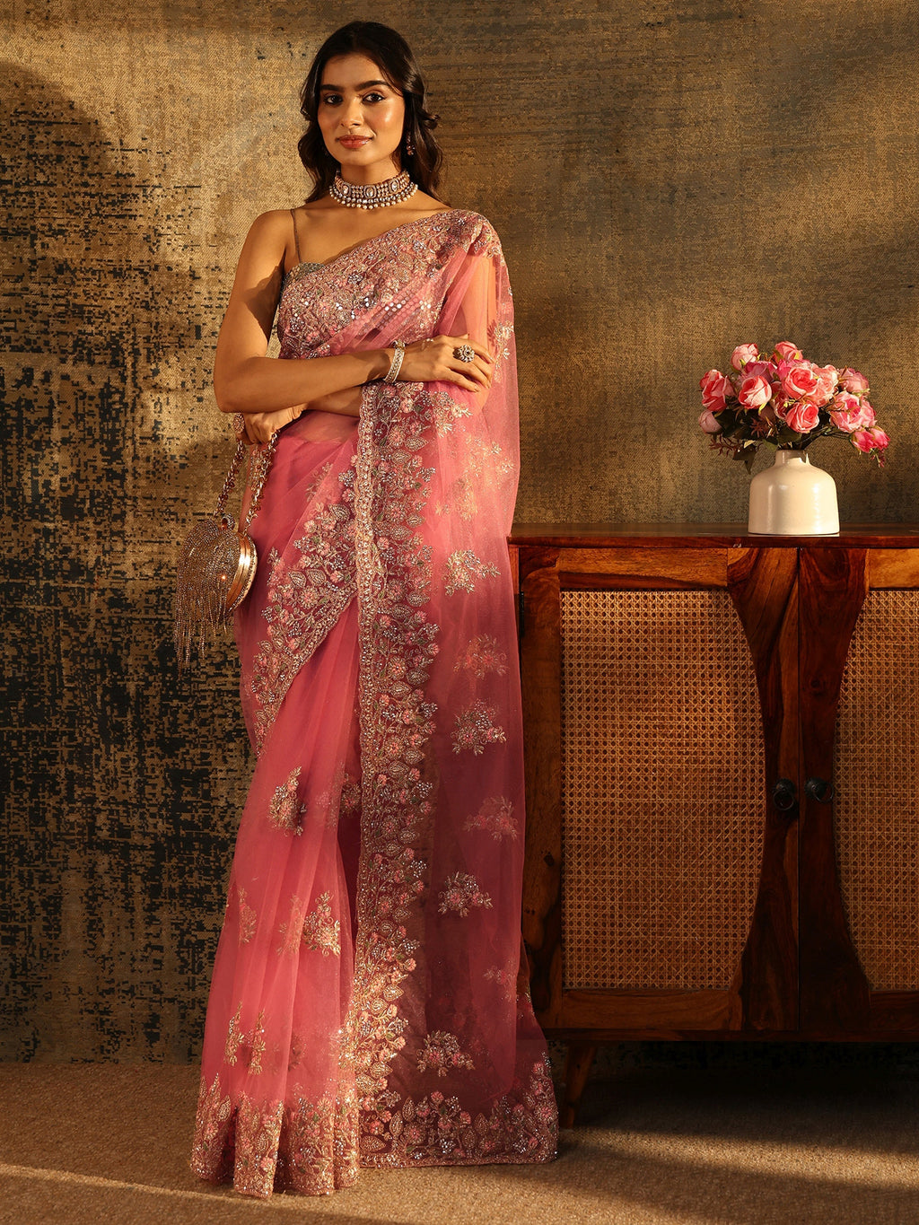 Baby Pink Floral Embroidered Net Saree