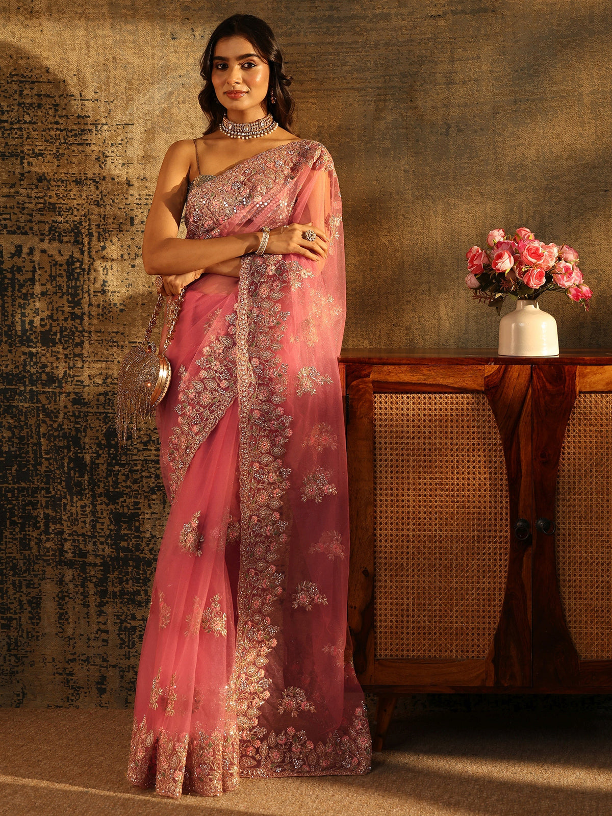 Baby Pink Floral Embroidered Net Saree