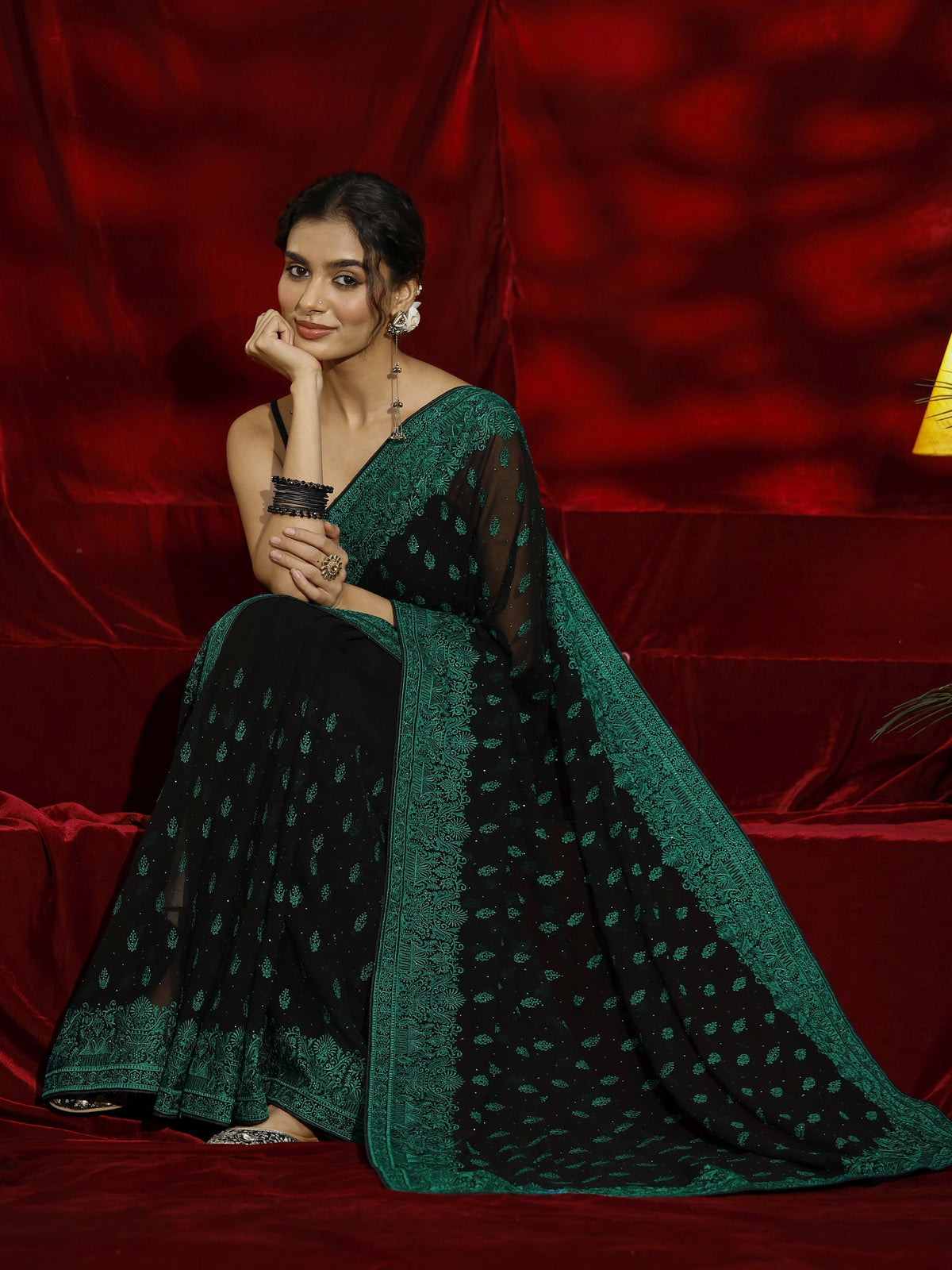 Black Floral Embroidered Georgette Saree