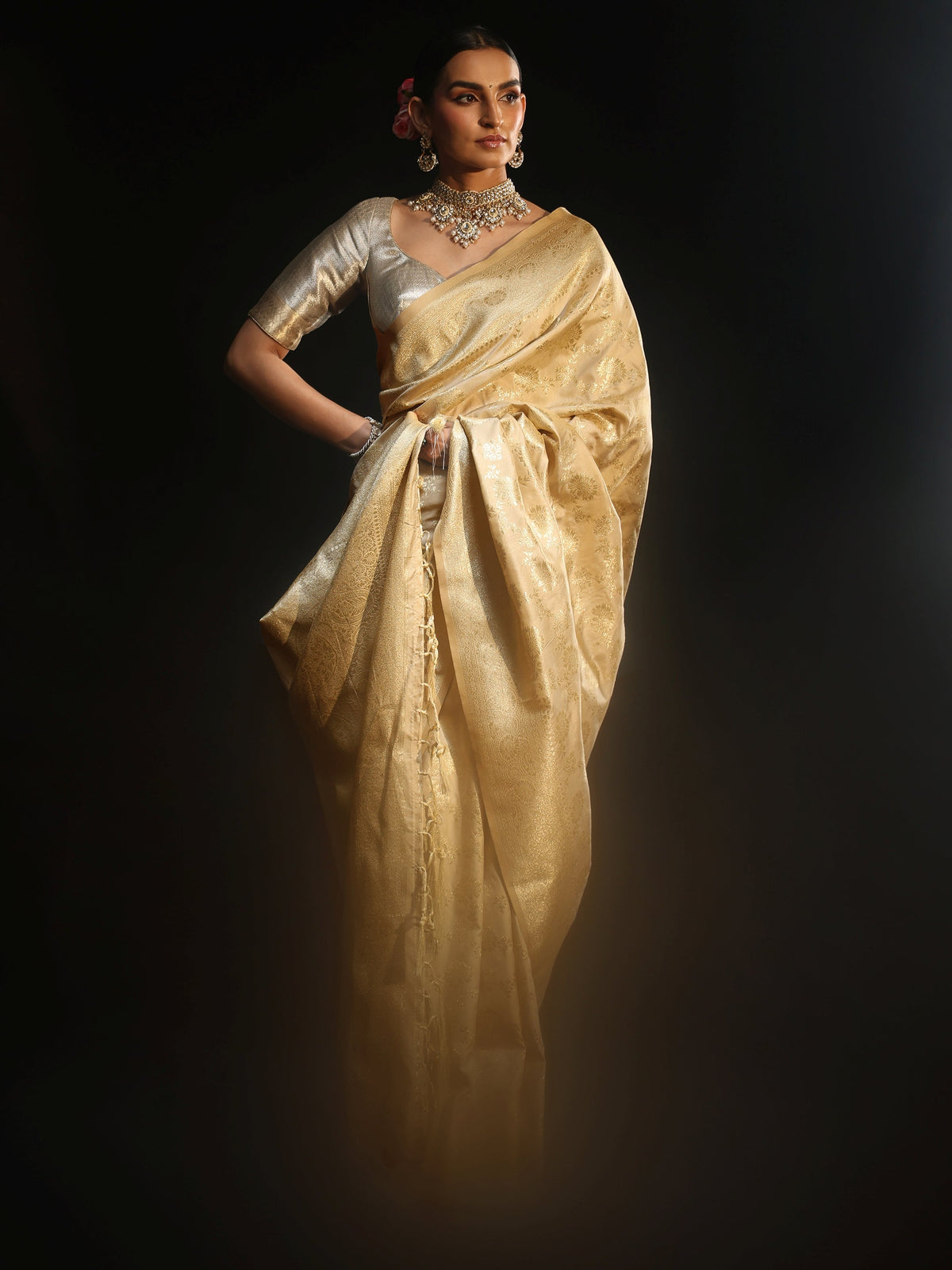 Cream Banarasi Silk Blend Saree