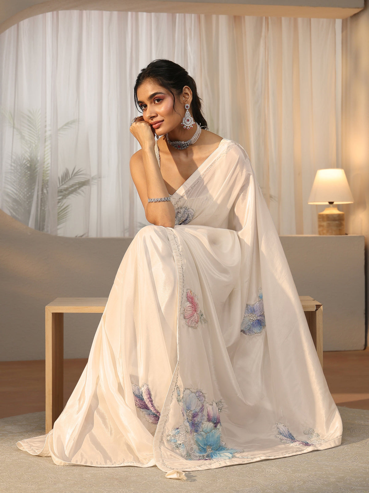 Cream Floral Applique Design Satin Saree