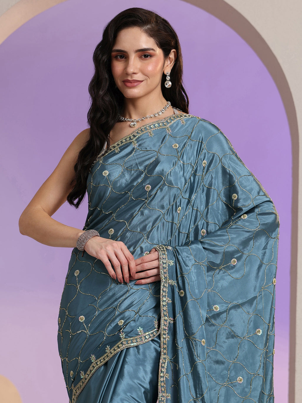 Dusty Blue Embellished Silk Blend Saree
