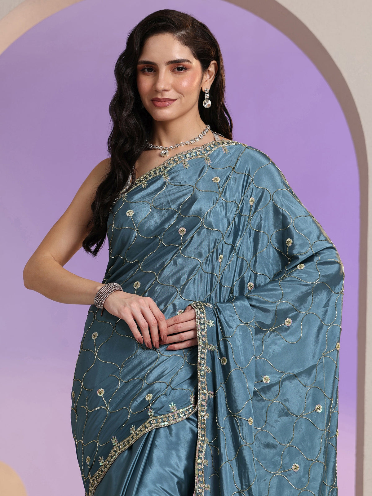 Dusty Blue Embellished Silk Blend Saree