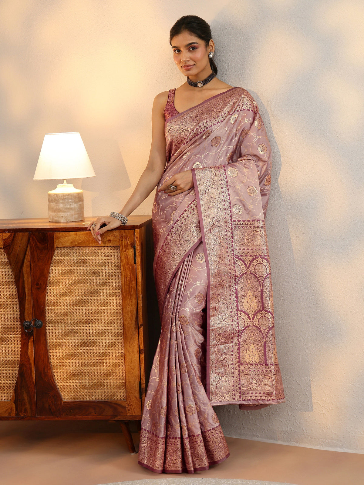 Dusty Lilac Banarasi Satin Saree