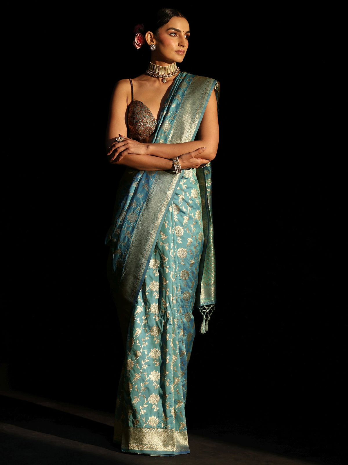 Dusty Sky Blue Banarasi Silk Blend Saree