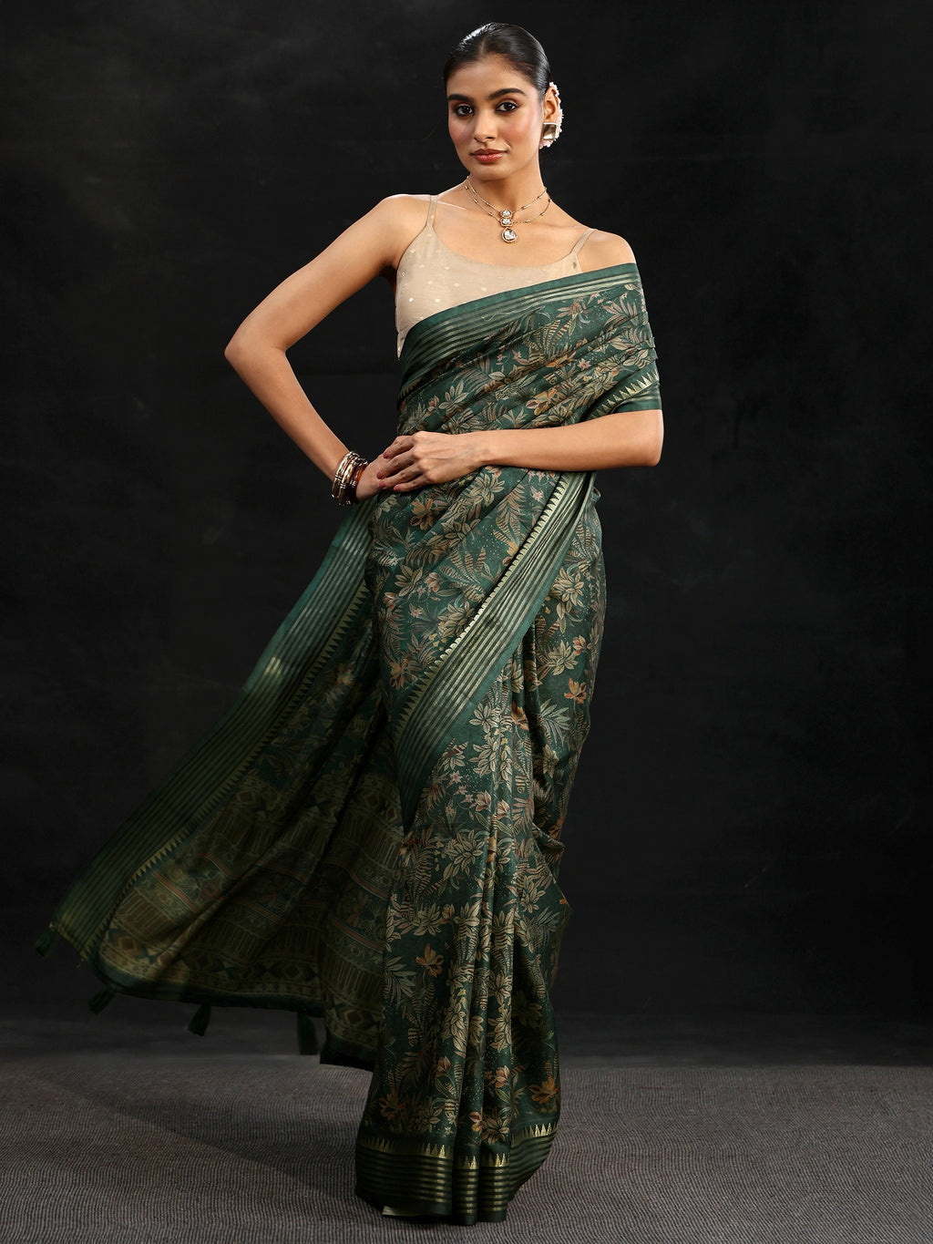 Green Floral Woven Design Silk Blend Saree