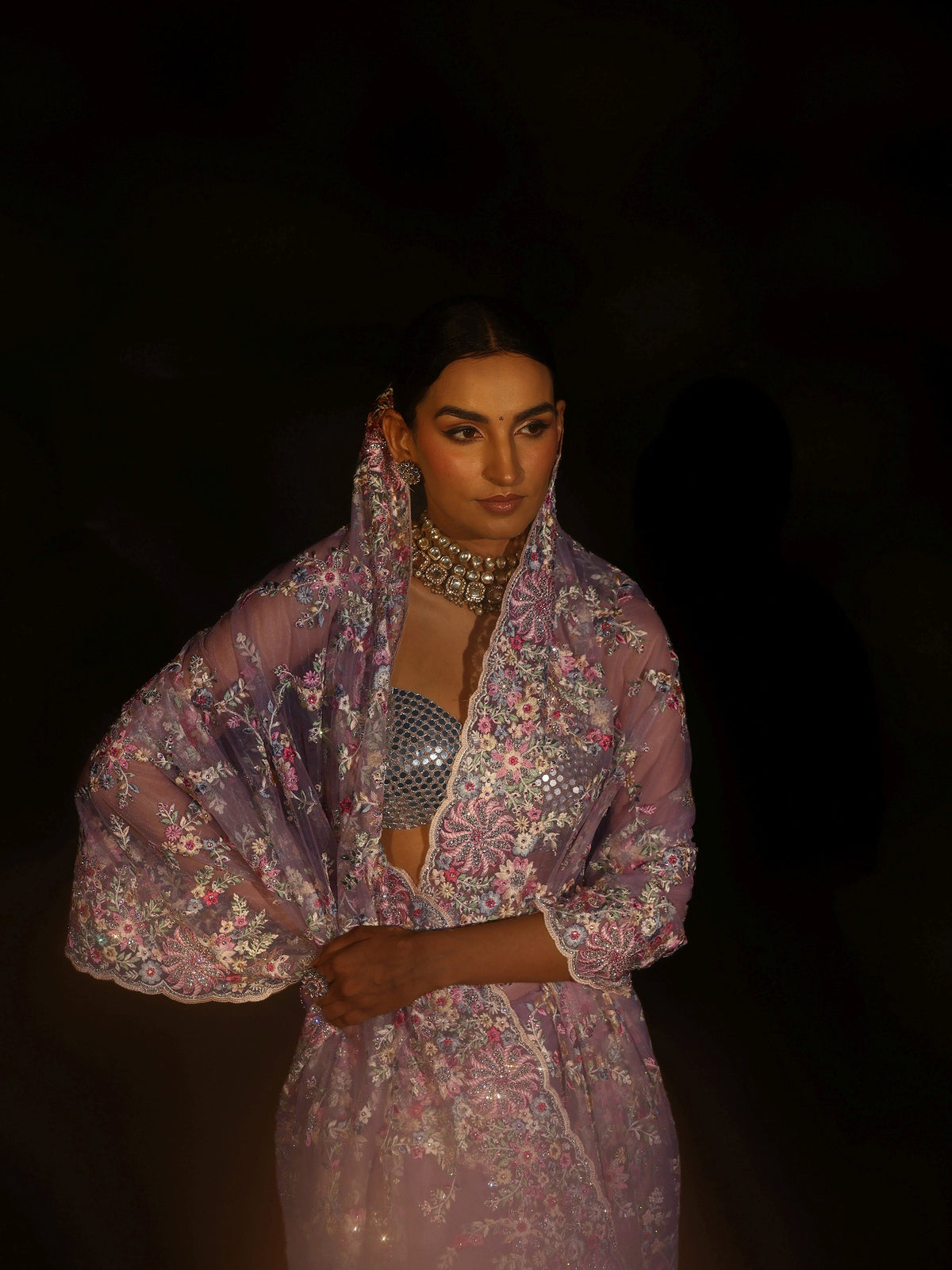 Lavender Floral Embroidered Net Saree