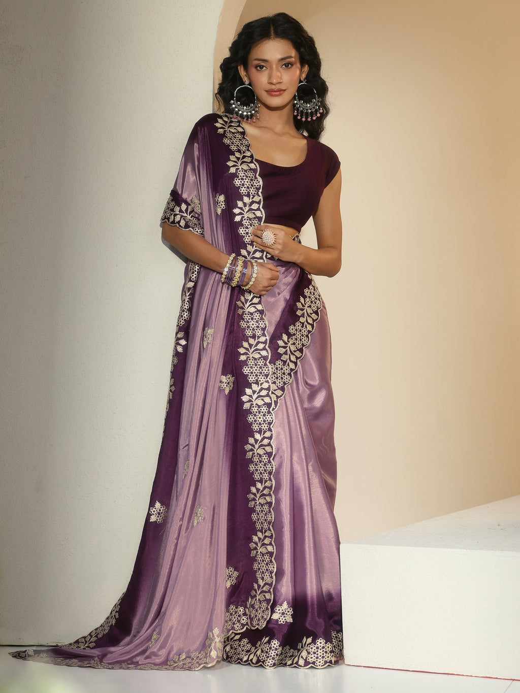Lavender Floral Embroidered Ombre Silk Blend Saree