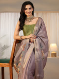 Lavender Floral Printed Silk Blend Saree with Woven Border