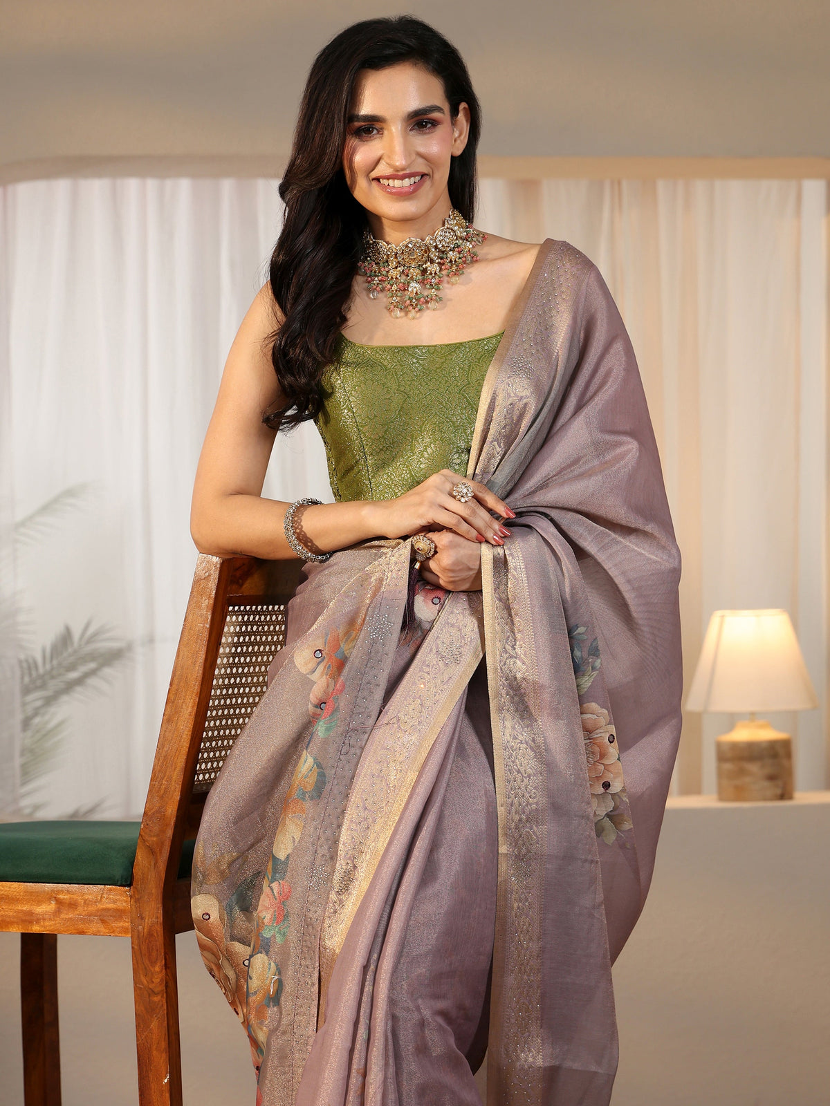 Lavender Floral Printed Silk Blend Saree with Woven Border