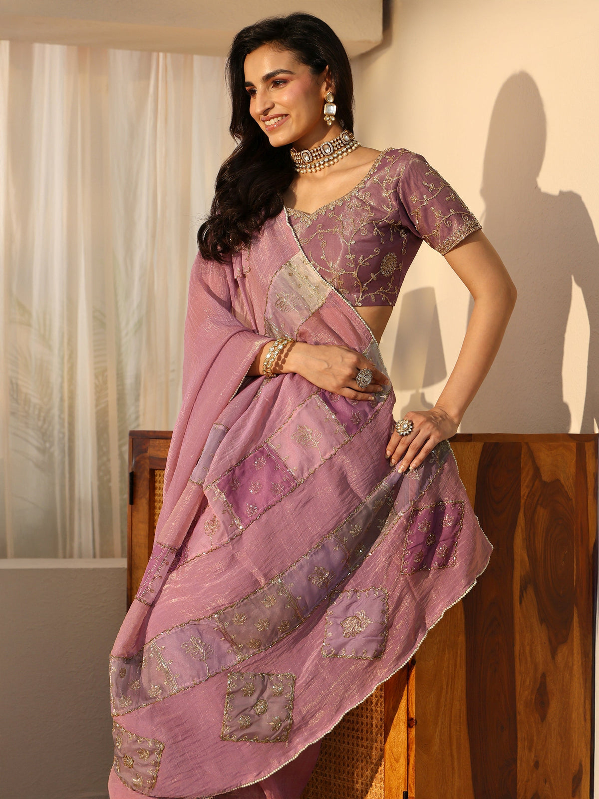 Lilac Applique Design Tissue Saree